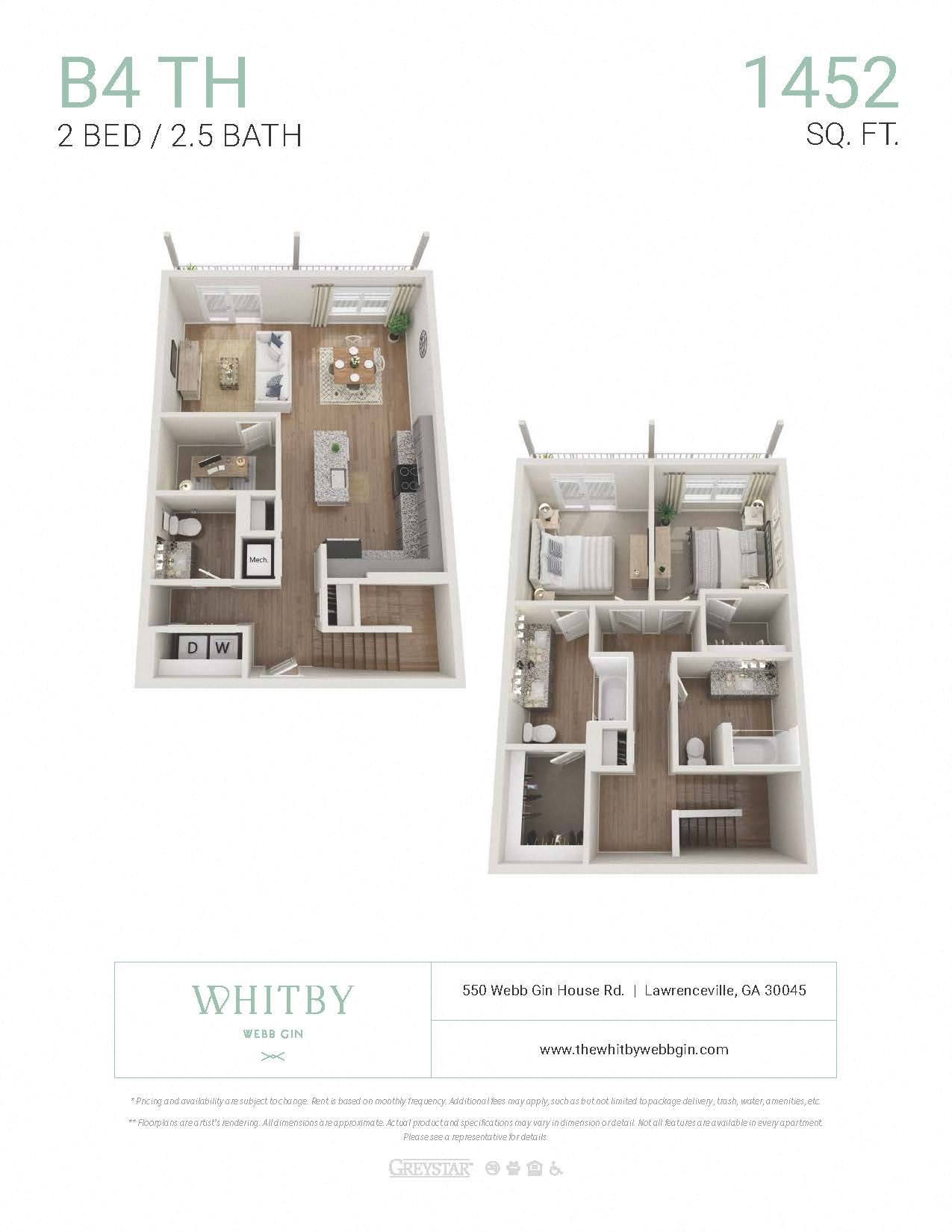 Floor plan for 2 beds, 2.5 baths, 1452 sqft